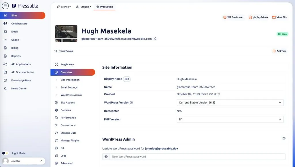 Pressable dashboard